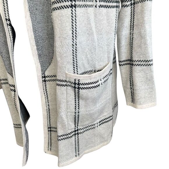 Loft Gray Cream Check Print open front Collared Knit Cardigan Sweater sz XS - Picture 3 of 8